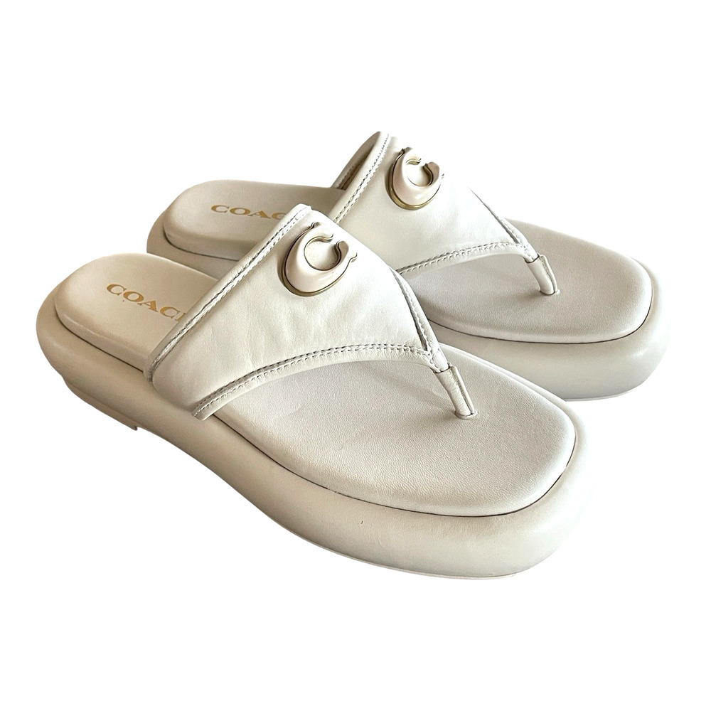 COACH Women Sylvie Size US 8/38.5 Ivory Leather Slip-On Platform Logo C Sandals